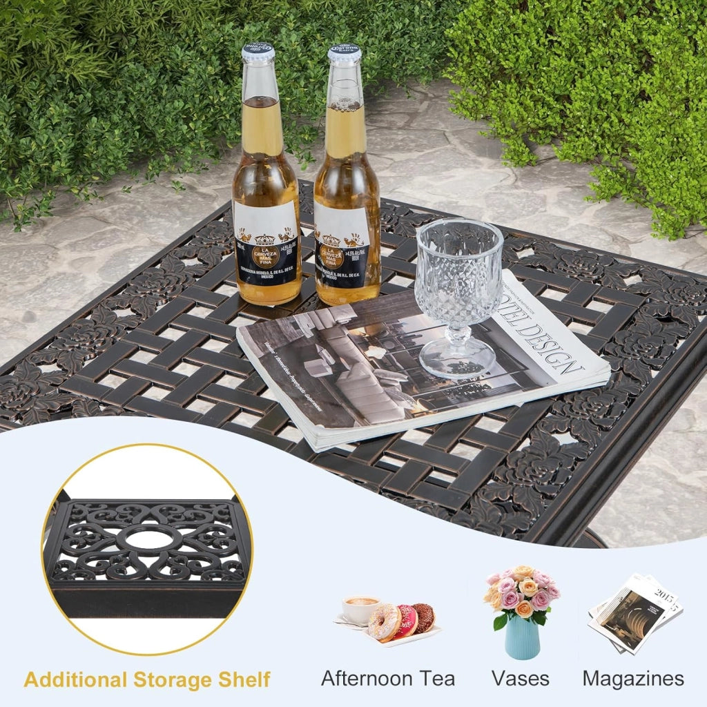 Tavolo da giardino resistente agli agenti atmosferici, in alluminio pressofuso, tavolo da balcone quadrato con ripiano e poggiapiedi regolabili, tavolo da terrazza, tavolino antico per
