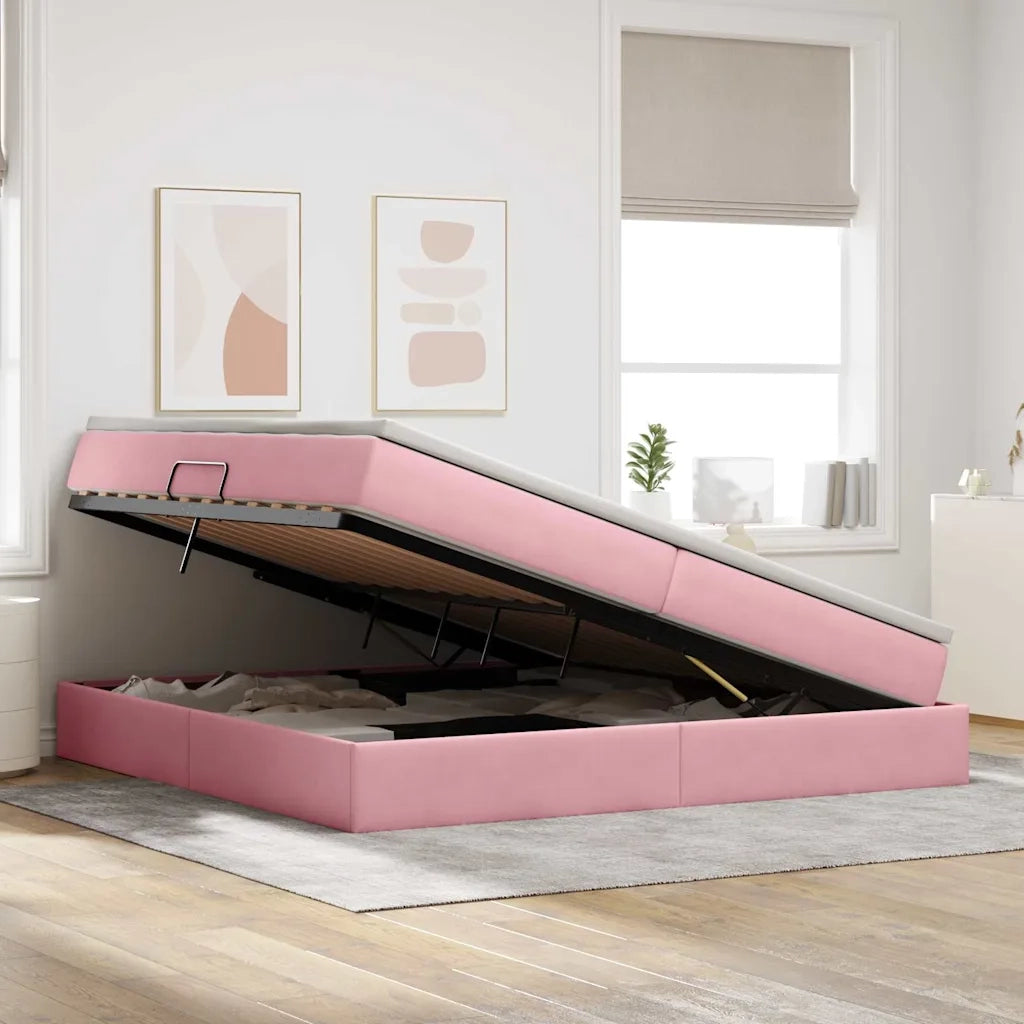 Letto con contenitore e materasso Rosa 200 x 200 cm Velluto 3370328