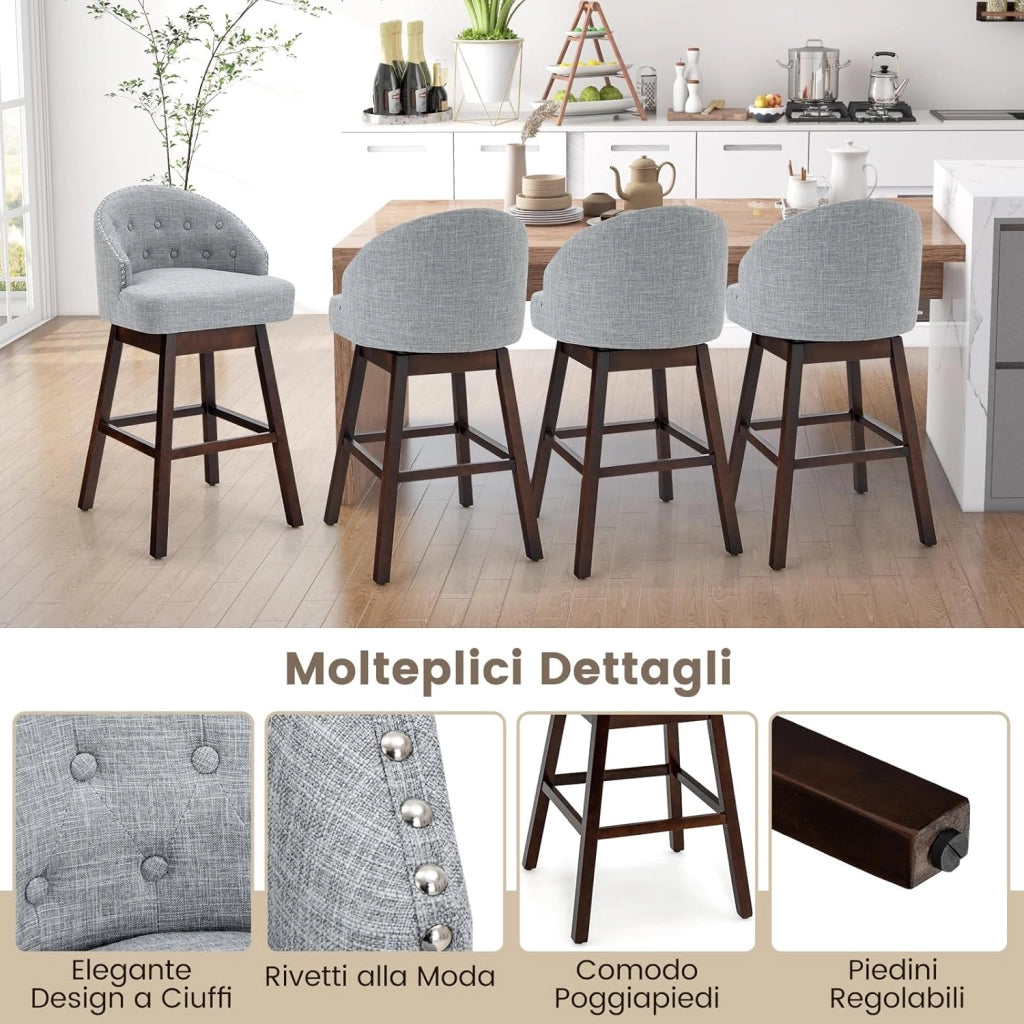 Set di 2 Sgabelli da Bar, Sgabelli con Gambe in Legno di Gomma e Schienale Imbottito, Sgabelli da Bar Girevole, Ideale per Bar, Cucina, Soggiorno (Grigio)