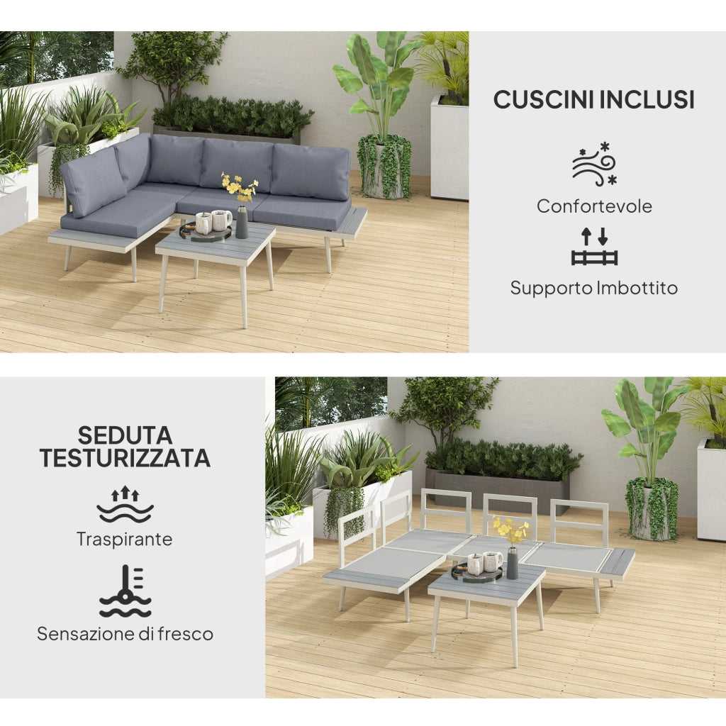 Set Salotto da Giardino 2 Divani con Schienale Regolabile e Tavolino a Doghe Grigio