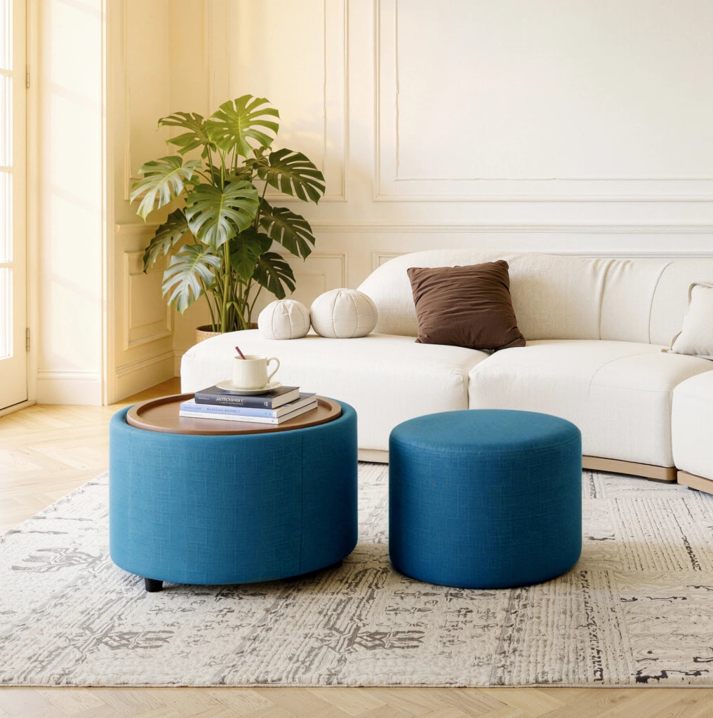 Set di 2 pouf contenitore blu con vassoio in legno
