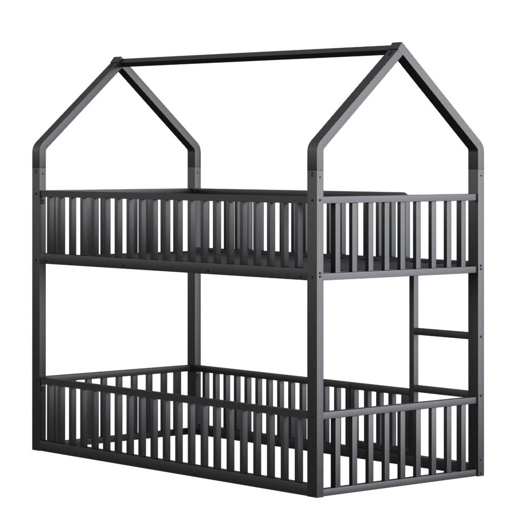 Letto a castello 90x200 cm con struttura a casetta e scala in metallo nero