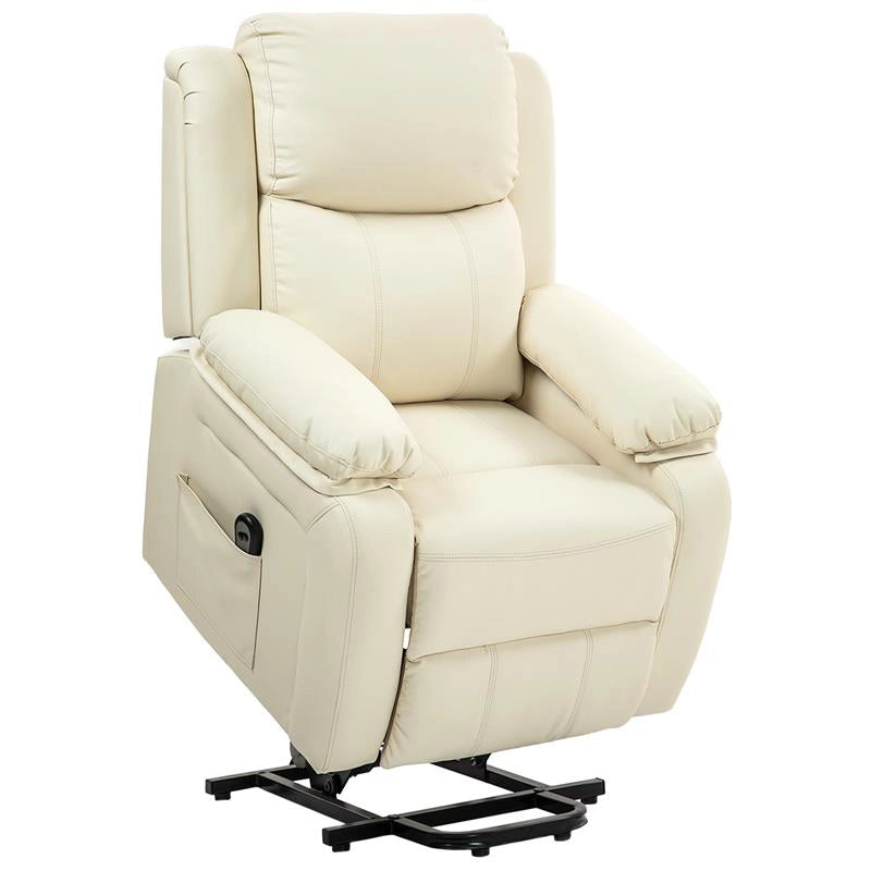 POLTRONA ALZAPERSONA RECLINABILE A 160° CON POGGIAPIEDI E TELECOMANDO IN PELLE PU E ACCIAIO 76X90X105 CM CREMA