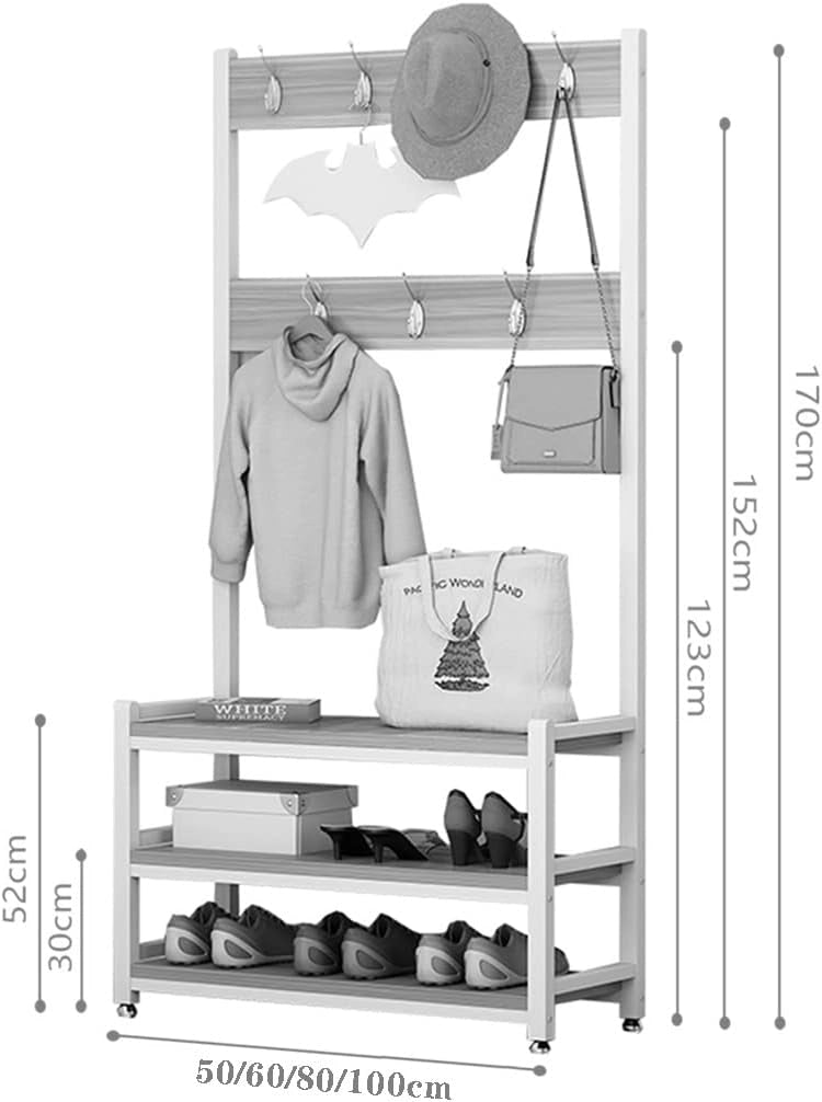Appendiabiti da Parete Industriale Alto Ingresso Panca con attaccapanni Grande attaccapanni con Ganci e 2 Ripiani Extra-allungati panche Porta Scarpe Facile da Montare (Colore: Bianco, dime