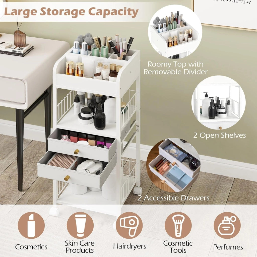 Carrello portaoggetti per cosmetici, organizer per trucchi, con 2 cassetti, 2 ripiani aperti e cubi, 4 ruote, 30 x 30 x 90 cm, carrello multifunzionale per bagno, camera da letto
