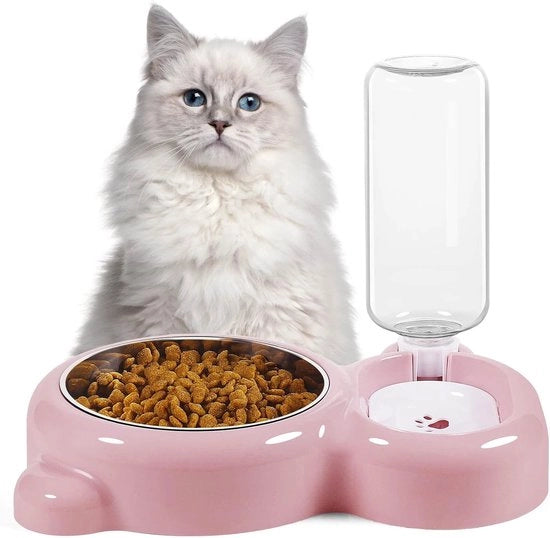 Set di cibo e acqua per gatti - con dispensatore d'acqua e ciotola in acciaio inossidabile per gatti e piccoli cani - Rosa