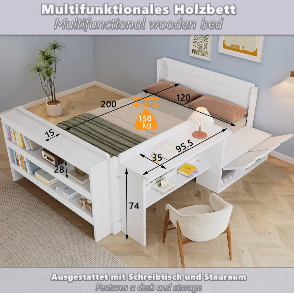 Letto funzionale 120x200 cm con scrivania; vano con anta a ribalta e ripiano; bianco