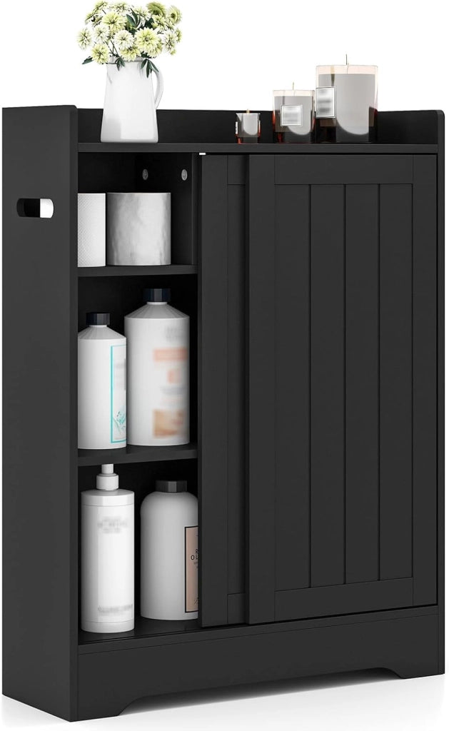Mobile da Bagno, Armadietto Sottile con Porta Carta Igienica, Scomparto per Spazzolino e Ripiani Regolabili Accanto al WC, Armadio con Porta Scorrevole per Spazi Ridotti (Nero)