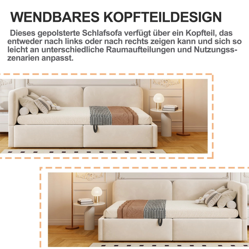 Divano letto in velluto con contenitore idraulico e testiera alta, 90x200 cm, beige