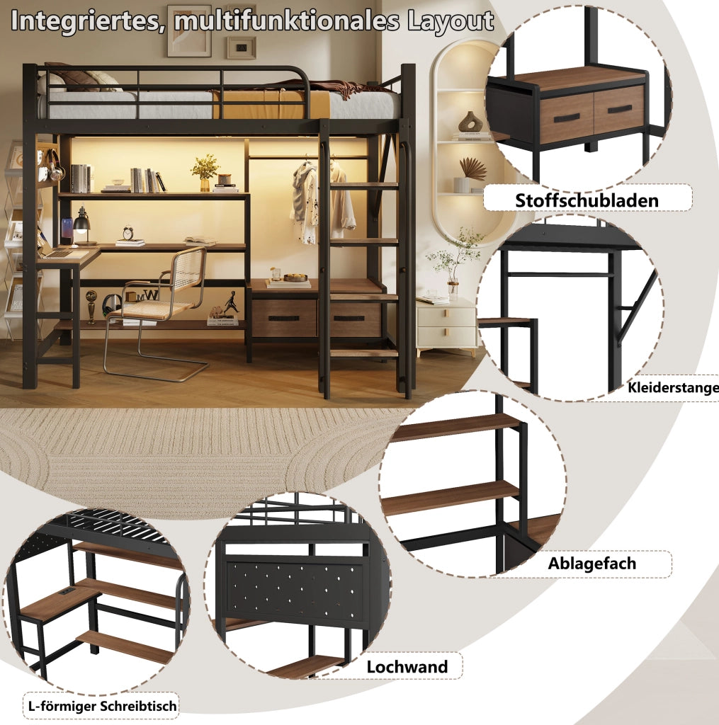 Letto a soppalco 90x200 cm con scrivania, LED e USB