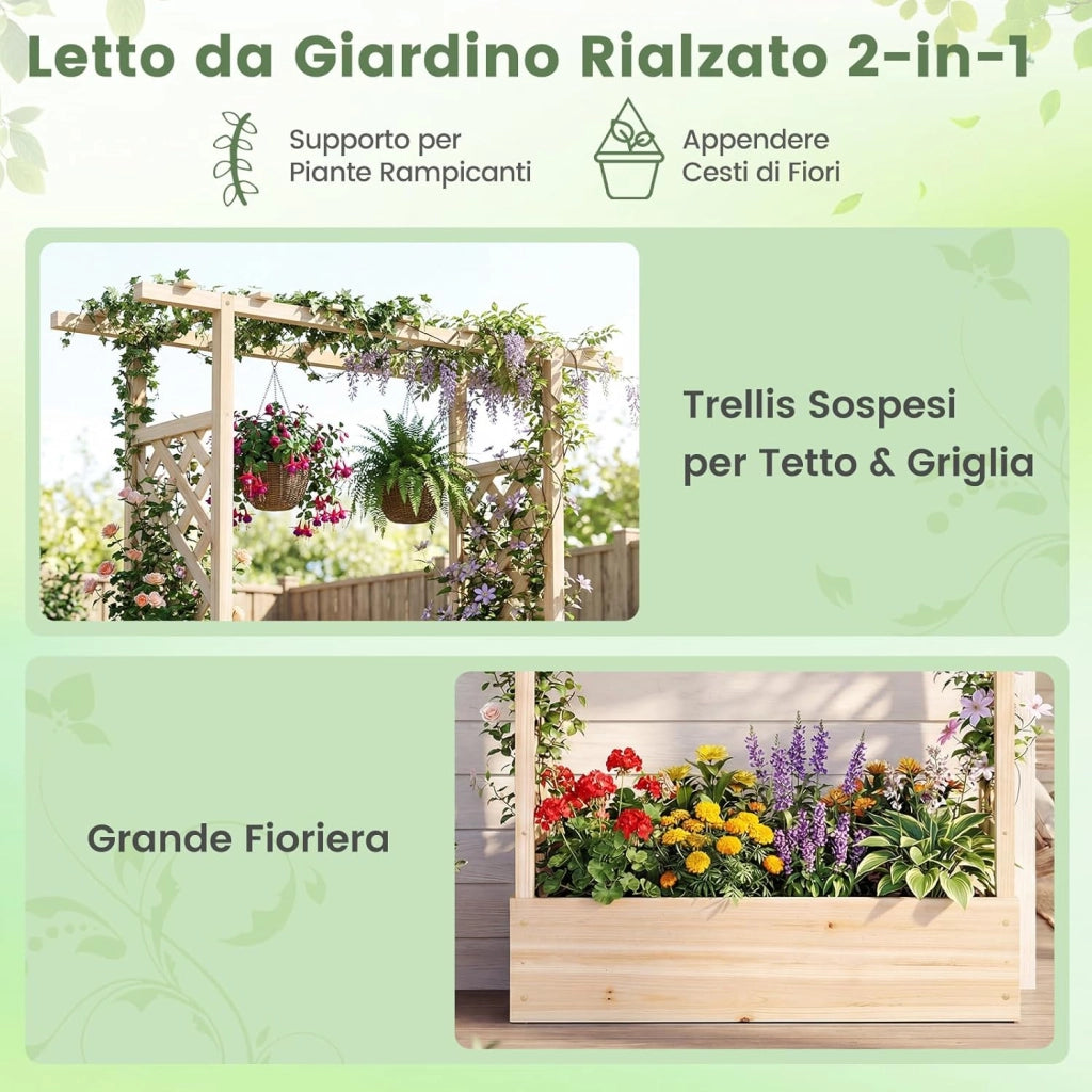 Fioriera Rialzata con Grigliato, Letto da Giardino Rialzato in Legno con Traliccio, Tetto e Fori di Drenaggio, Aiuola Elevata per Piante Rampicanti, Viti e Fiori (Naturale,110 x 35 x 114 cm)