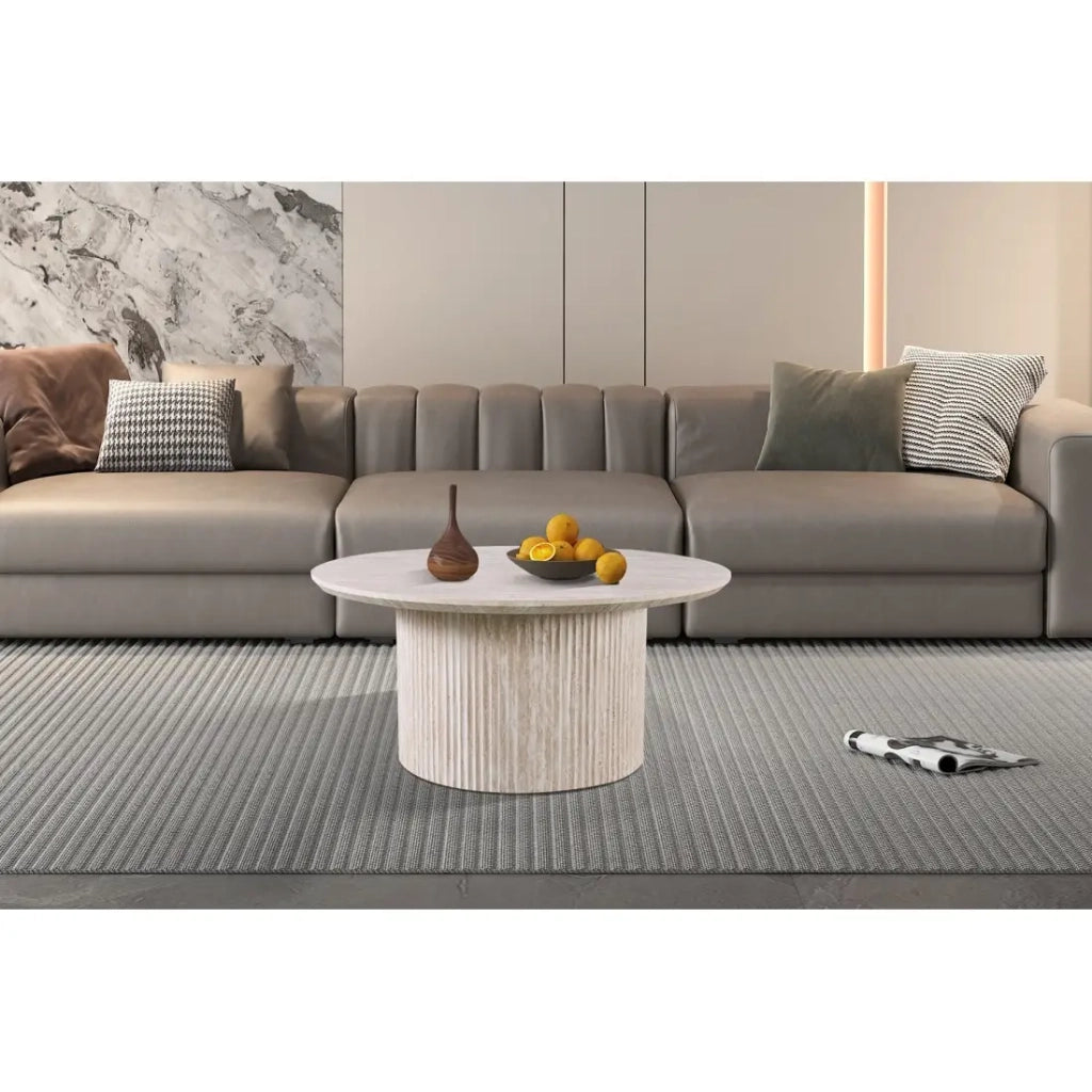 Table bassa VAGOS – Colore quercia chiara – Tavolino rotondo Ø80 cm – MDF – Design naturale e moderno