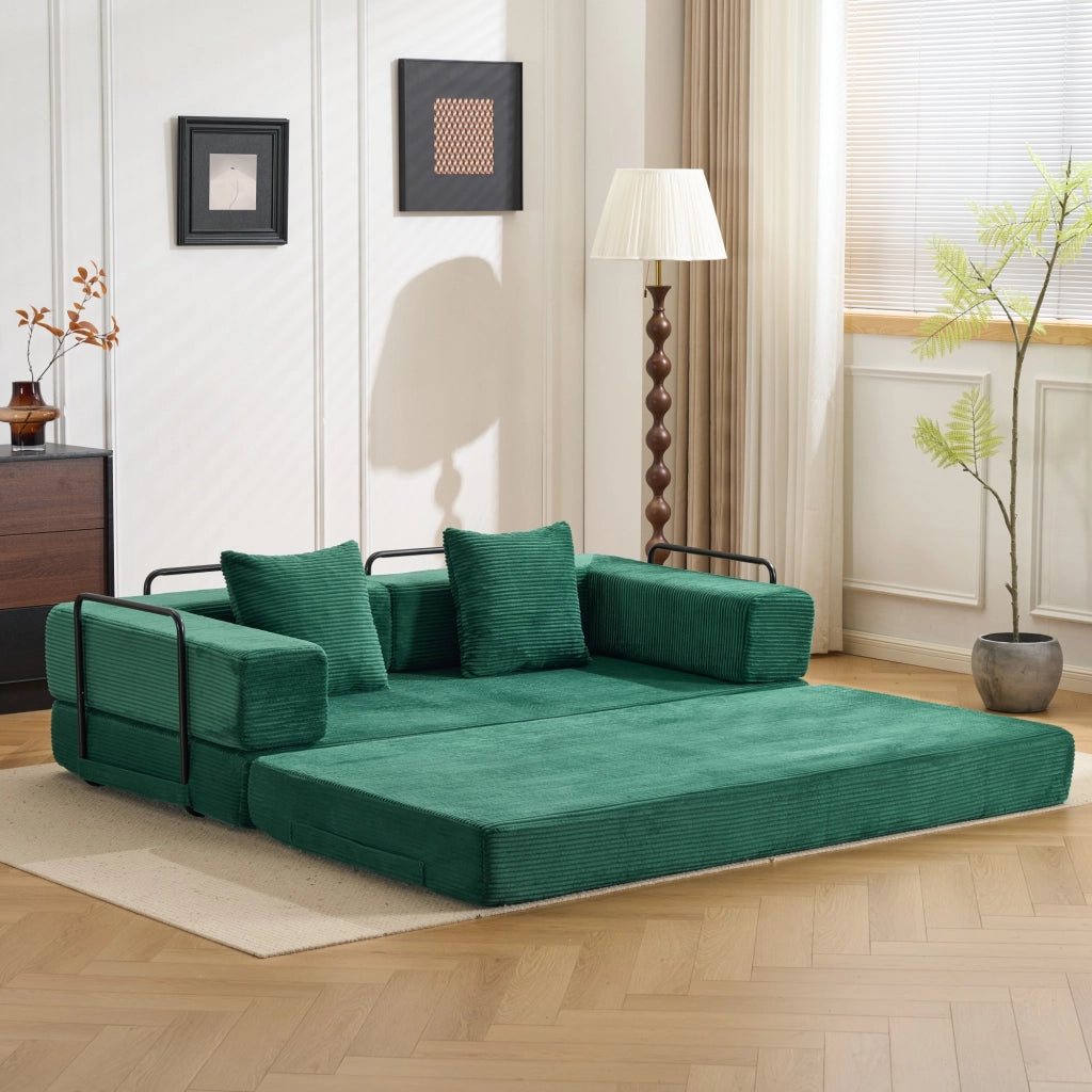Divano letto pieghevole in tessuto corduroy verde scuro con braccioli e schienale 185 × 92,5 × 60 cm