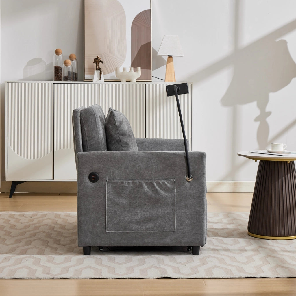 Divano convertibile con porta USB e supporto tablet in tessuto lino spazzolato per studio grigio 109 × 72 × 83,5 cm