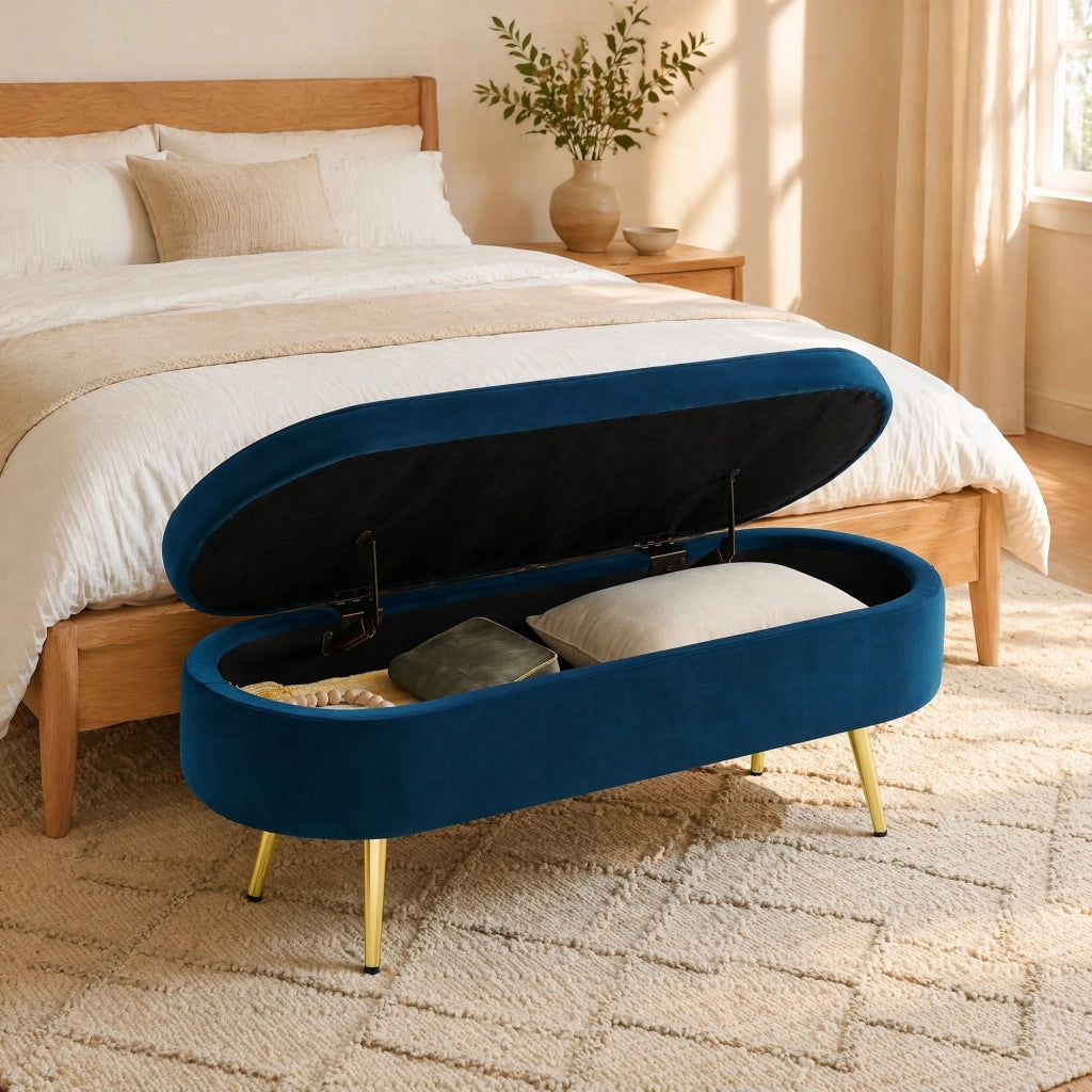 Panca contenitore in velluto blu scuro 110x40x42 cm con vano 20L e gambe in metallo