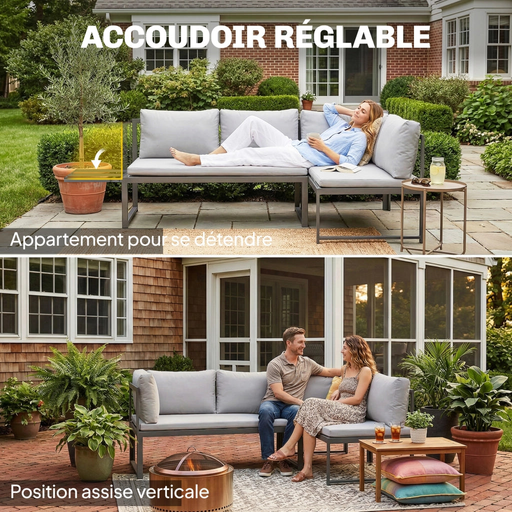 Divano da Giardino 3 Pezzi 4 Posti Modulabile con Braccioli Regolabili e Cuscini Spessi 16cm ¨C Minimal ¨C Grigio