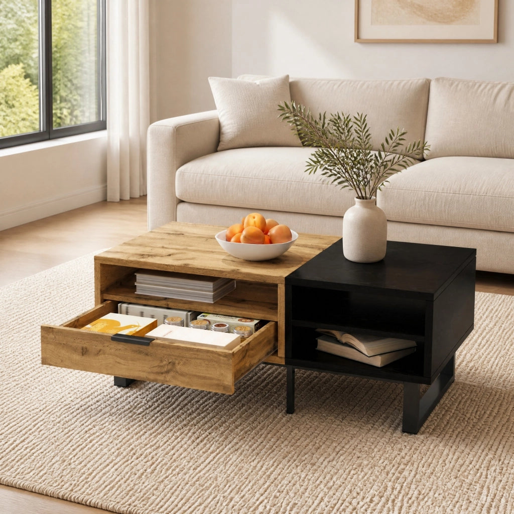 TAVOLINO DA SALOTTO 100x50x40 cm Nero e Legno con 3 vani e cassetto