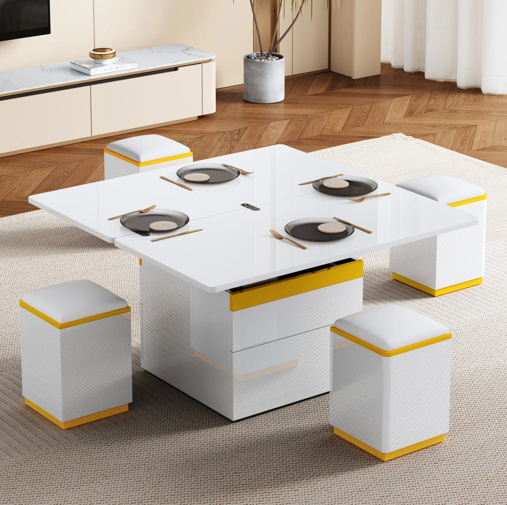 Tavolino da caffè sollevabile 100x50x43 cm bianco e giallo, contenitore integrato, MDF/PB