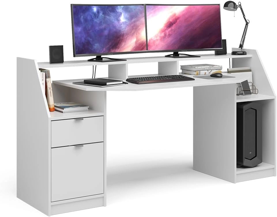 Scrivania computer Joel, Bianco, 179.8 x 65.5 cm, con ripiani per accessori e supporto rialzato per monitor