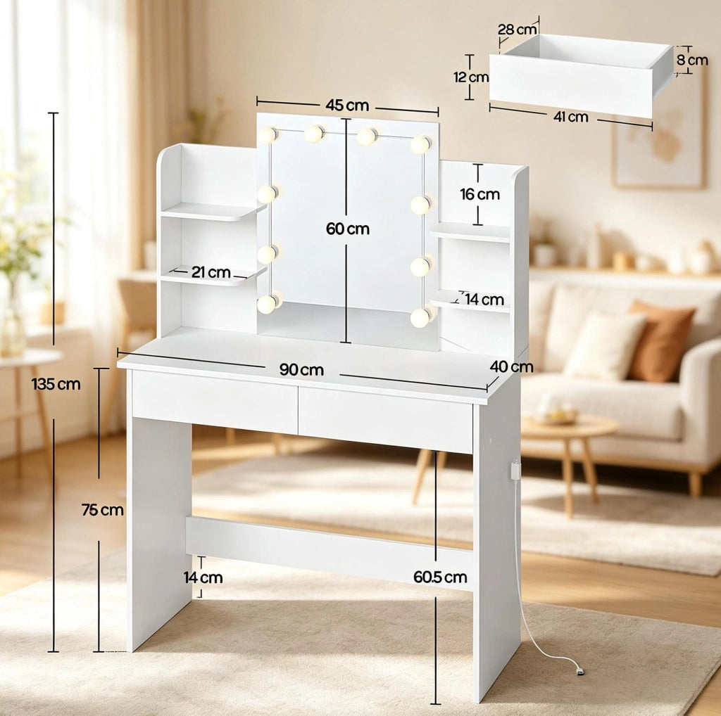 Tavolo da trucco con specchio LED e ampio spazio contenitivo