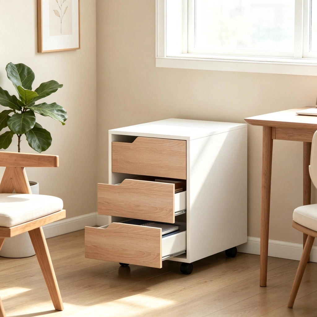 CASSETTIERA con ruote 40x50x57,5 cm in MDF bianco e rovere con 3 cassetti