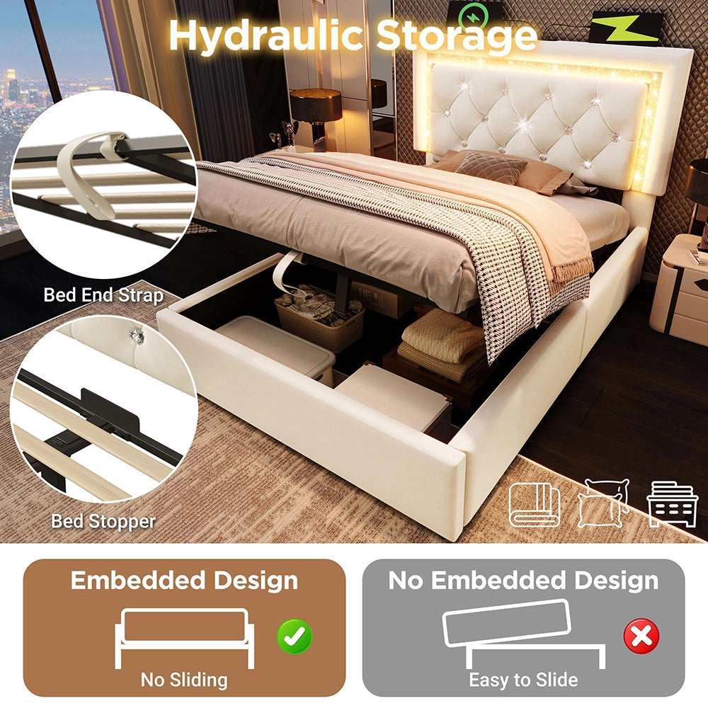Letto imbottito-Xylo-90x200cm LED diamante USB-C idraulico velluto beige con materasso