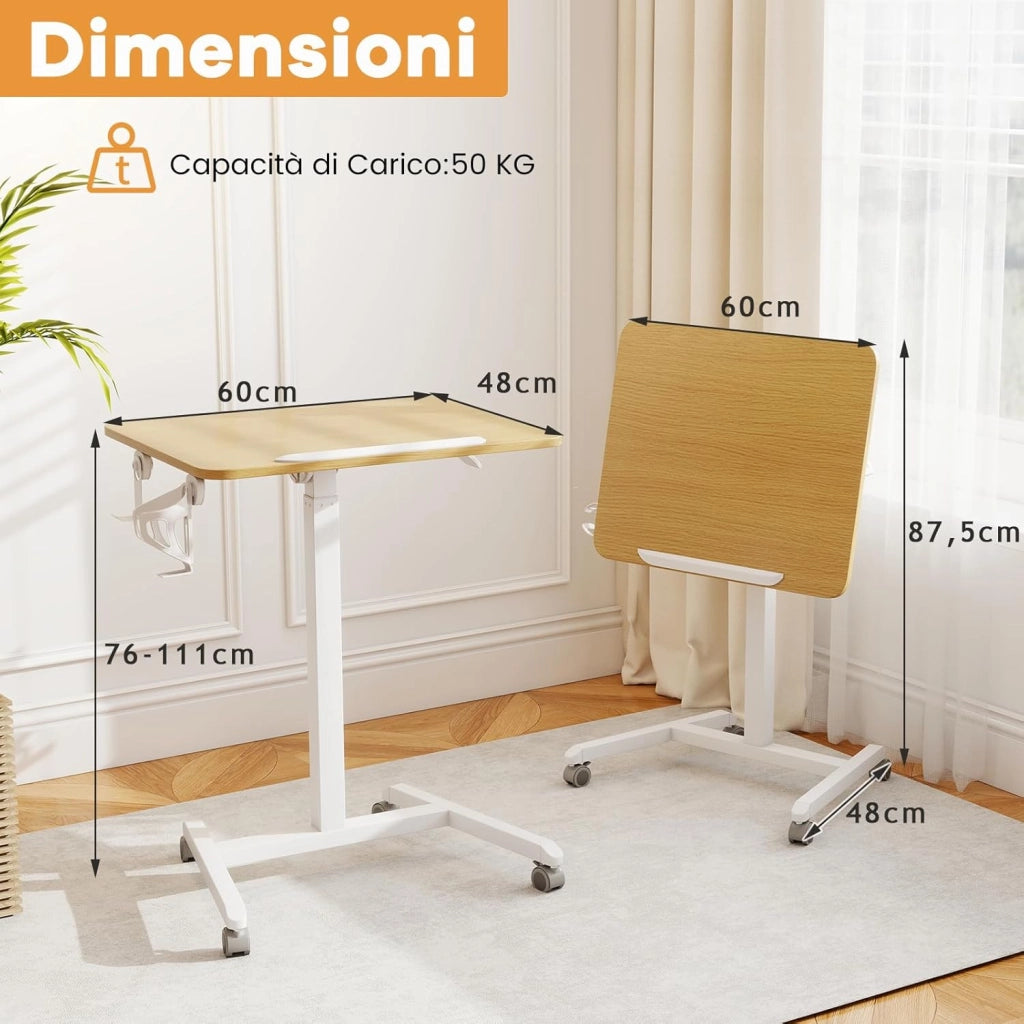 Tavolo Pieghevole per Laptop su Ruote con Piano Inclinabile a 90°, Tavolino Regolabile in Altezza e Portatile con Gancio & Portabicchiere per Divano e Letto