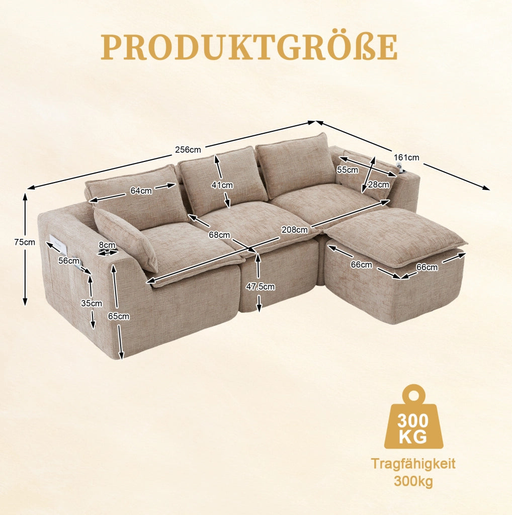 Divano modulare 3 posti con pouf in ciniglia kaki 256x161 cm HAVRYA
