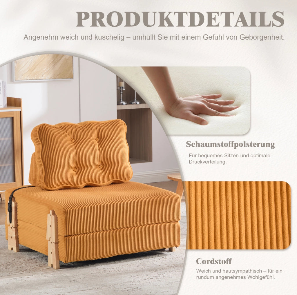 Poltrona pieghevole trasformabile in letto 90x86x84 cm in velluto a coste arancione
