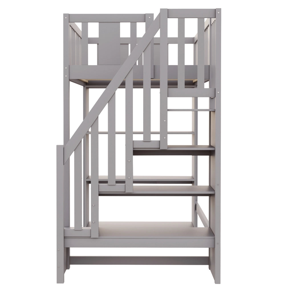 DESMIU Letto a soppalco 1 posto con scala contenitore e 3 vani, 90 × 200 cm, senza materasso, grigio
