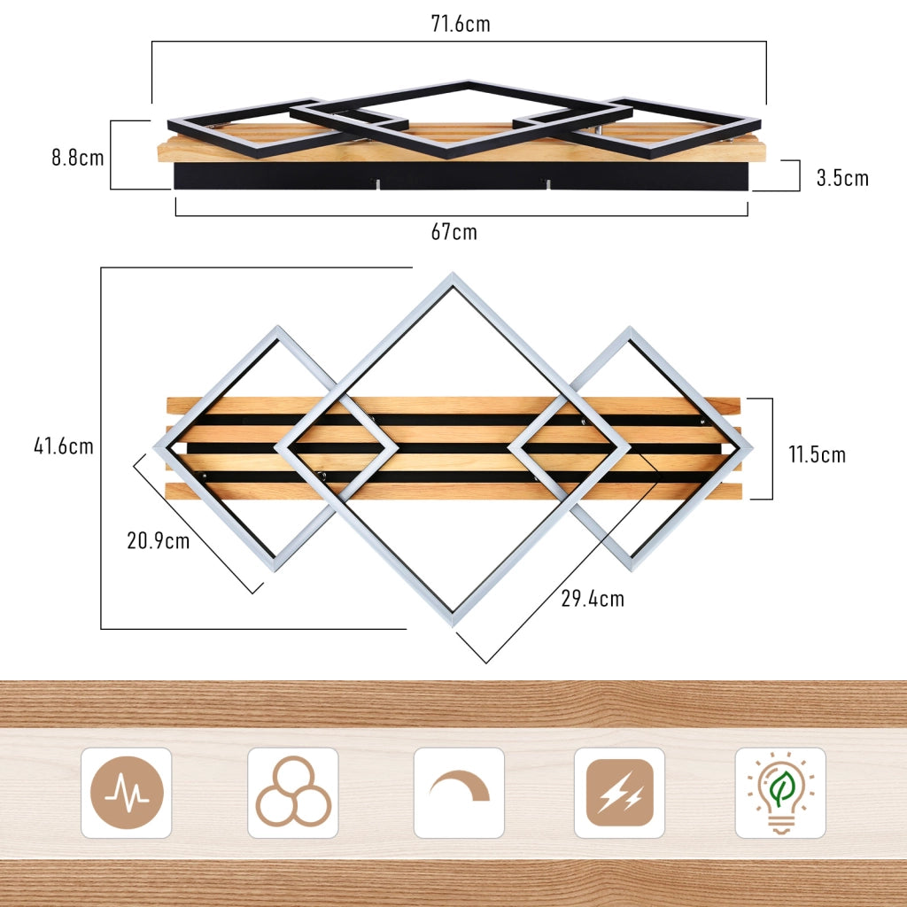 ZMH Lampada da soffitto plafoniera LED legno dimmerabile memory 70cm 46W design quadrato nero per soggiorno