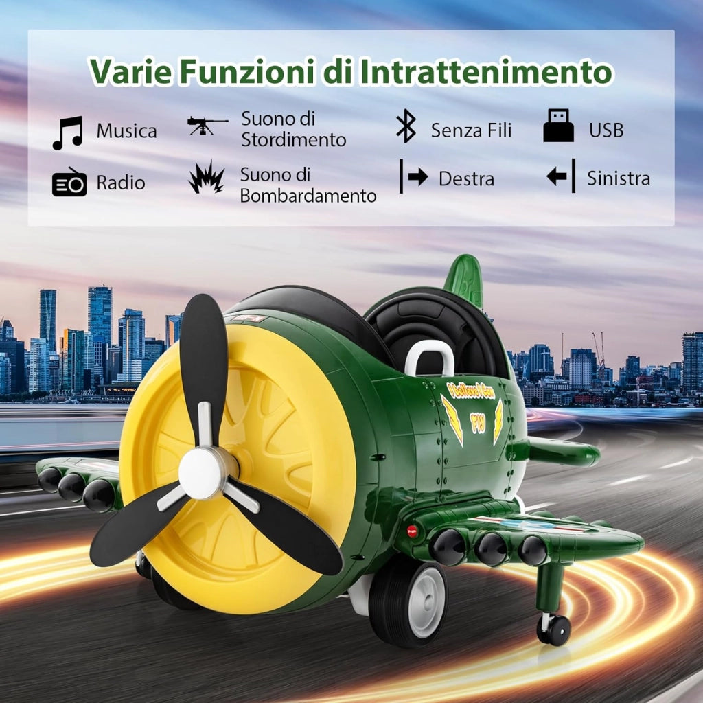 Macchina Elettrica a Forma di Aereo per Bambini, Aeroplano Elettrico Cavalcabile con Telecomando Alare Pieghevole e Elica Rotante, Cruscotto Illuminato, per Bambini 3 Anni+ (Verde)
