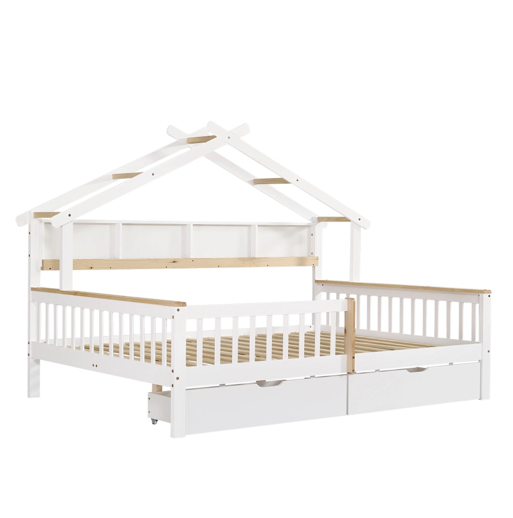 Letto per bambini 140x200 cm con sponde; cassetti e tetto in legno e MDF; bianco e naturale