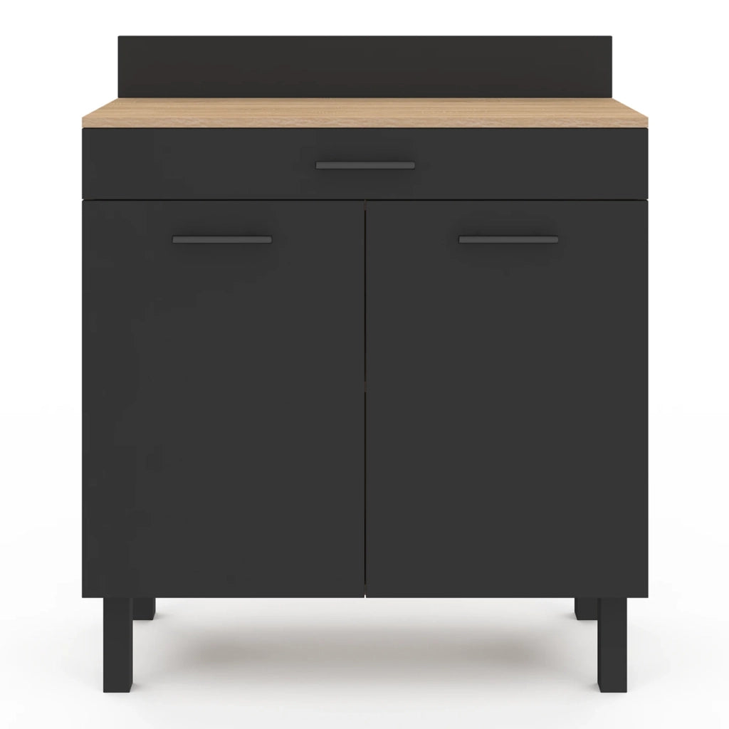 IDMarket - Cassettiera bassa CINA 80 cm, piano di lavoro H.83 cm, 2 ante + cassetto, finitura faggio e nero