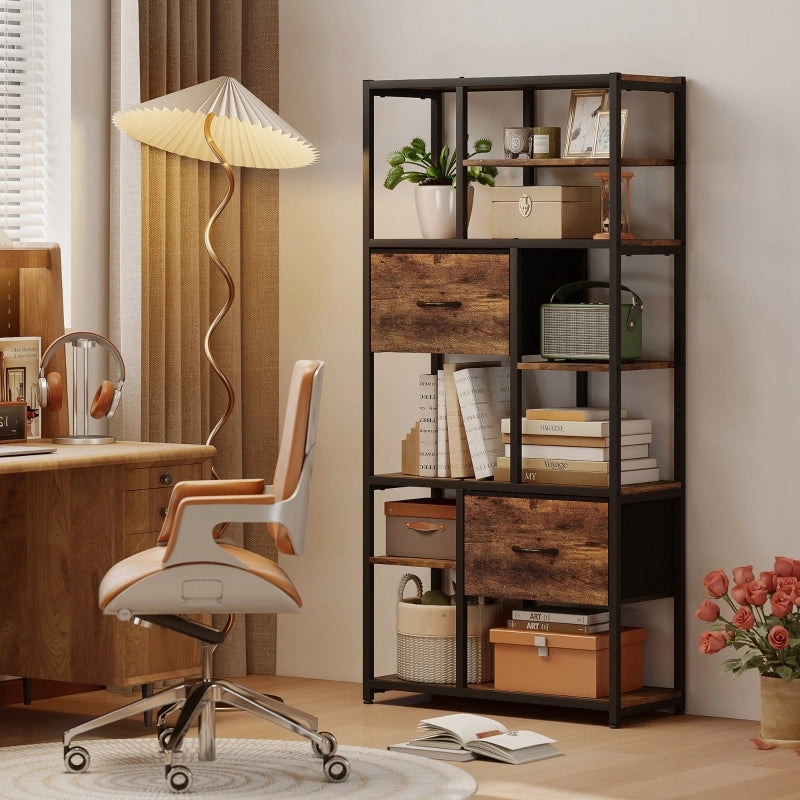 Libreria/scaffale contenitore con 2 cassetti in tessuto, 9 scomparti aperti, struttura in acciaio, Rustic Brown