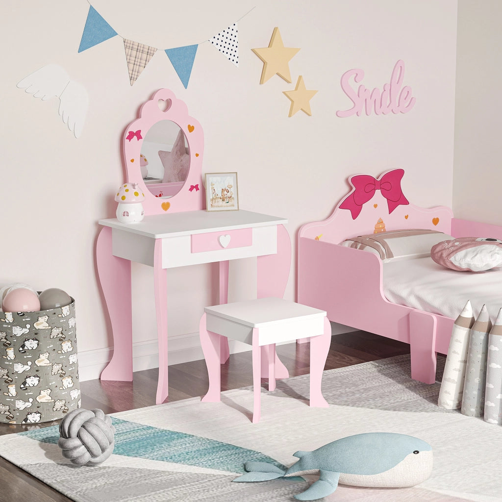 Toeletta bambini con sgabello e specchio ¨C Xylo ¨C legno rosa 50x36,5x89,5cm 3-6 anni