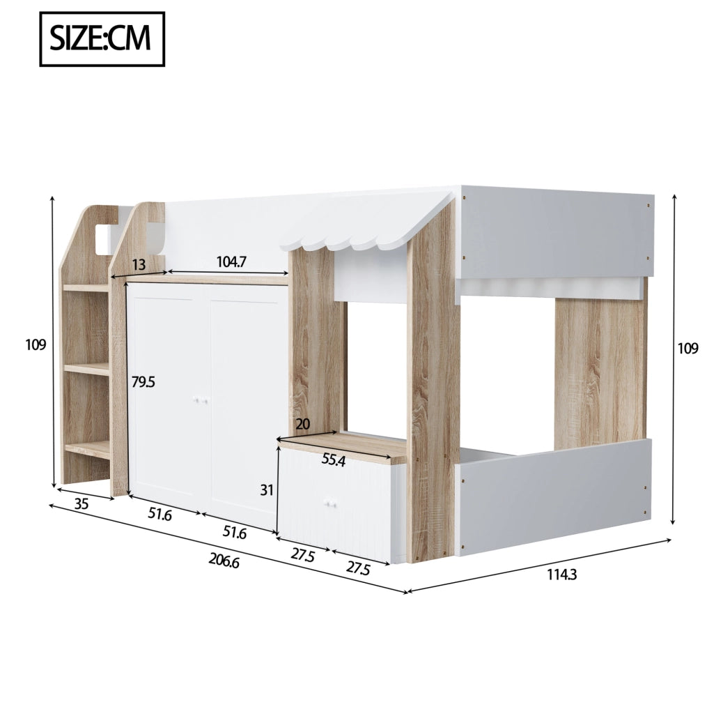 Letto a soppalco 90x200 cm con scala e contenitore in legno bianco e colore naturale