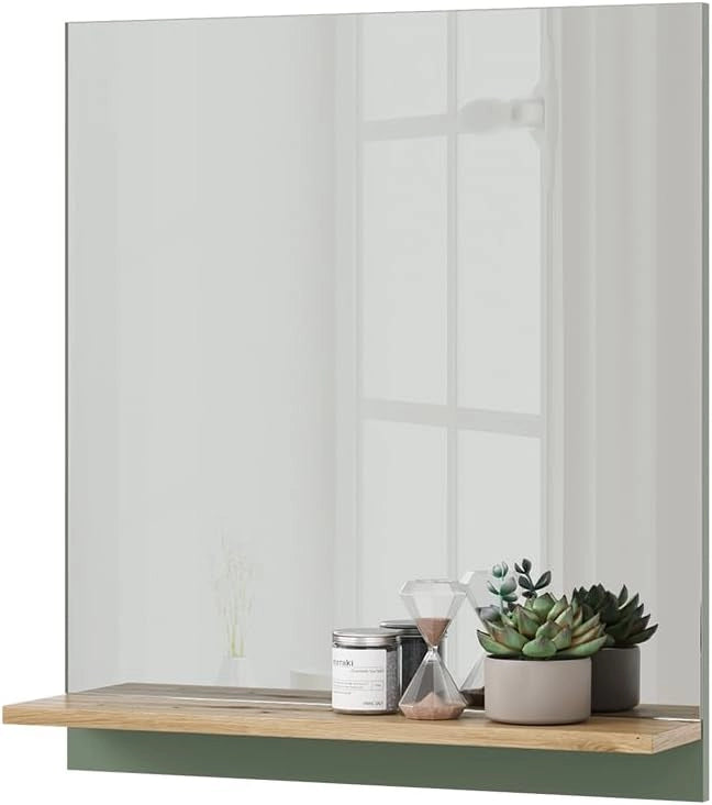 Specchio da bagno Marelle, Verde/Artigianale, 60 x 67 cm con ripiano, adatto per il montaggio a parete in ambienti umidi