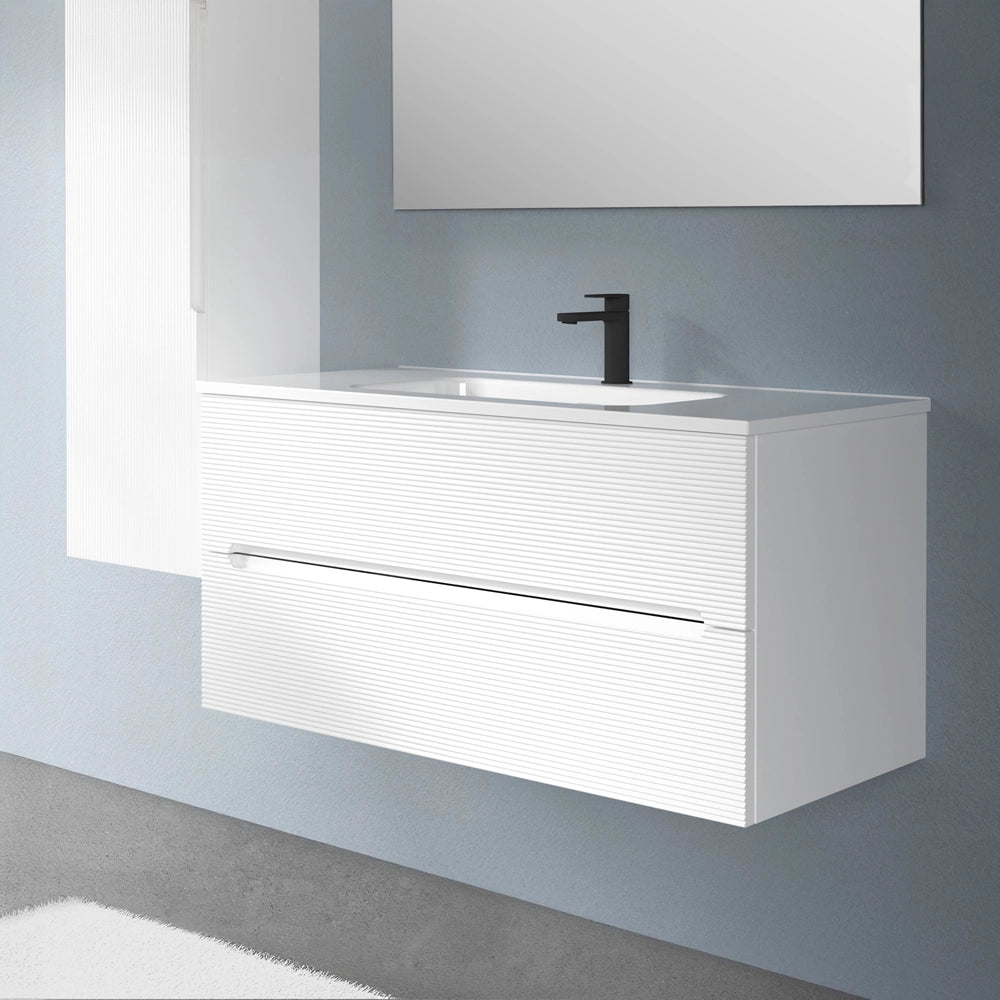 Mobile bagno sospeso 100 bianco cannettato 2 cassetti lavabo e specchio Rigo