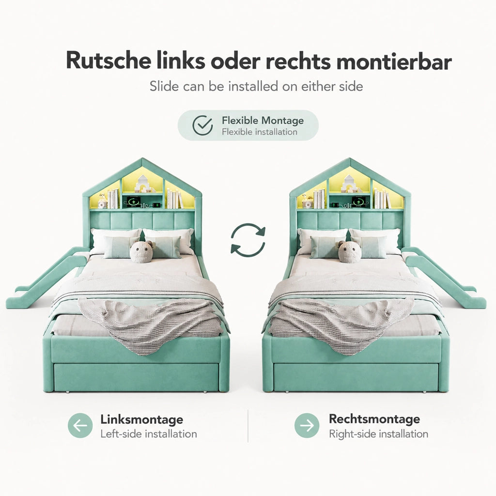 letto per bambini velluto blu verde 90 x 200 cm
