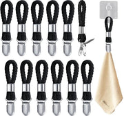 Hanger per asciugamano, 12 pezzi di clip per asciugamano con lacci, clip per asciugamano in metallo senza cucitura per uso domestico, cucina, bagno, balcone, armadi e altro (nero)