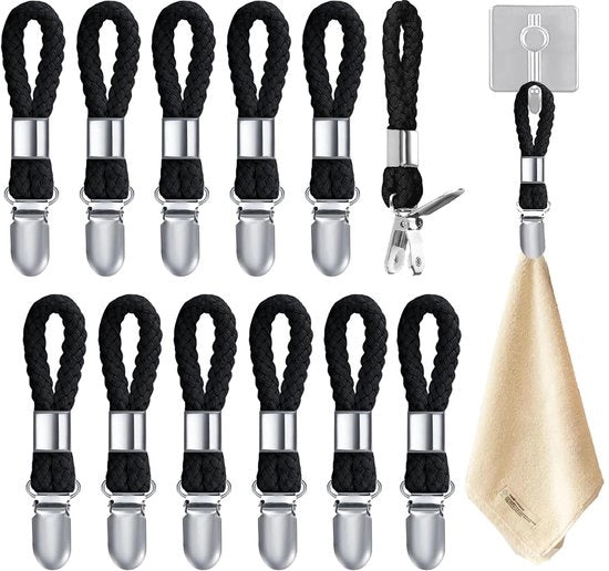 Hanger per asciugamano, 12 pezzi di clip per asciugamano con lacci, clip per asciugamano in metallo senza cucitura per uso domestico, cucina, bagno, balcone, armadi e altro (nero)