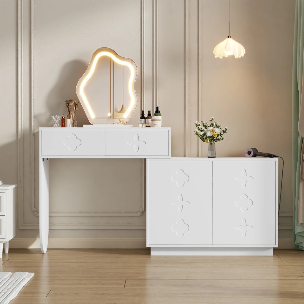 Tavolo da trucco con specchio LED, 2 cassetti e armadietto laterale con 4 scomparti, bianco, 160x40x132 cm