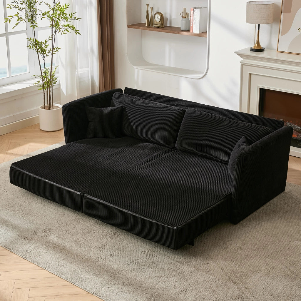 Divano letto con cuscini in schiuma memory e struttura in metallo, in velluto a coste nero 182 × 88 × 84 cm