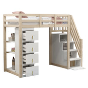 Letto a Soppalco 90x200 cm; con 4 Cassetti; Scaffale a 3 Ripiani e Scala Laterale in Legno