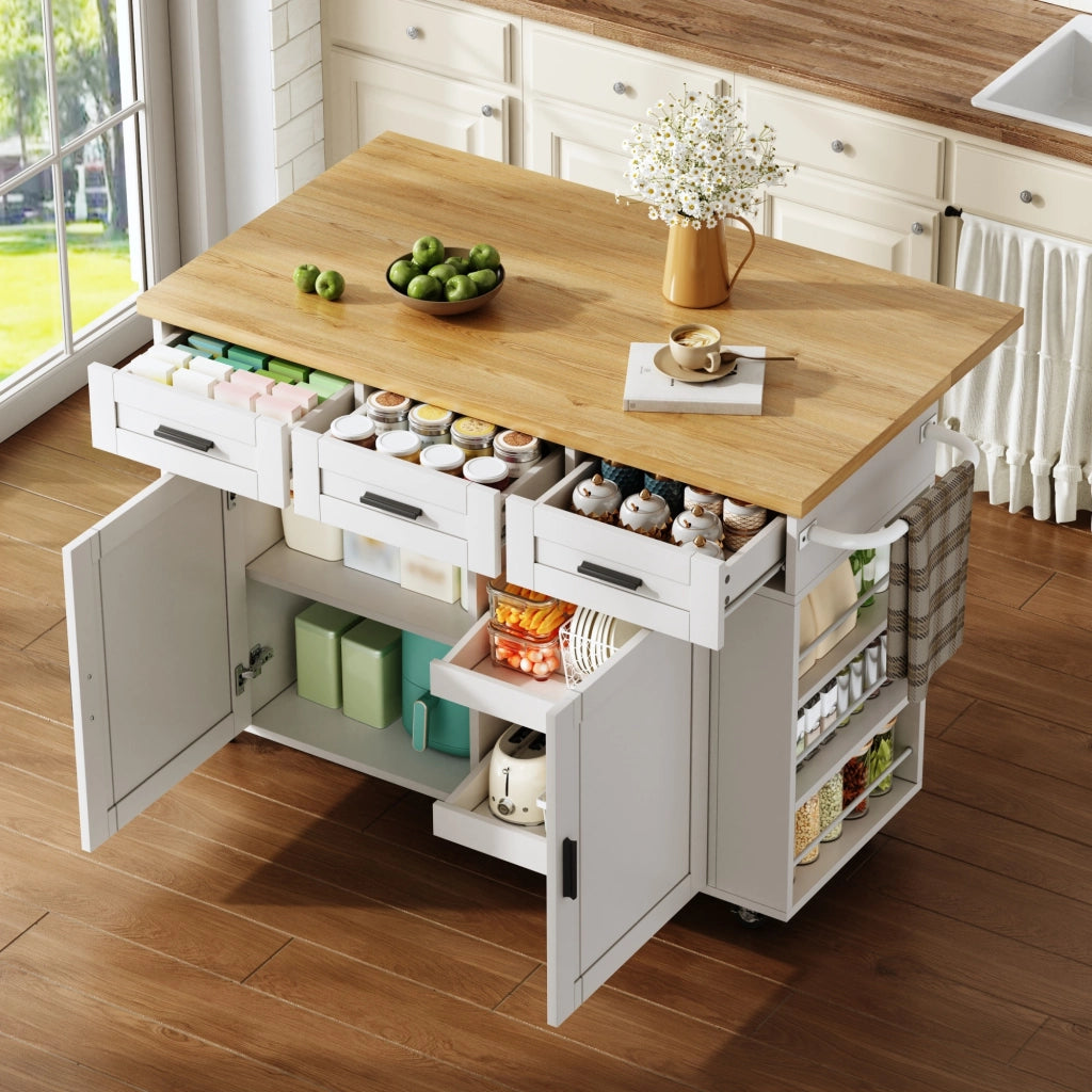 Carrello isola cucina pieghevole con piano estensibile, vani contenitore, 3 cassetti, prese e ruote 120 x 45(70) x 84 cm