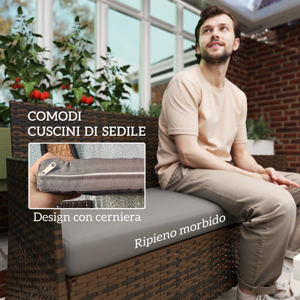 Set da Giardino con Divano 2 Posti 2 Sedie e Tavolino Basso in Rattan e Acciaio Grigio e Marrone