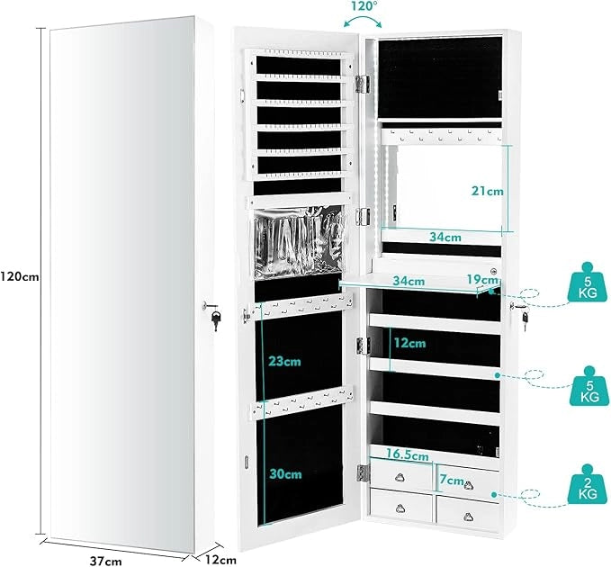 Armadietto per Gioielli con Specchio a Figura Intera LED, Armadio Multiuso con 4 Cassetti 4 Mensole, Organizer Portagioie per Camera da Letto e Cabina Armadio (Bianco)