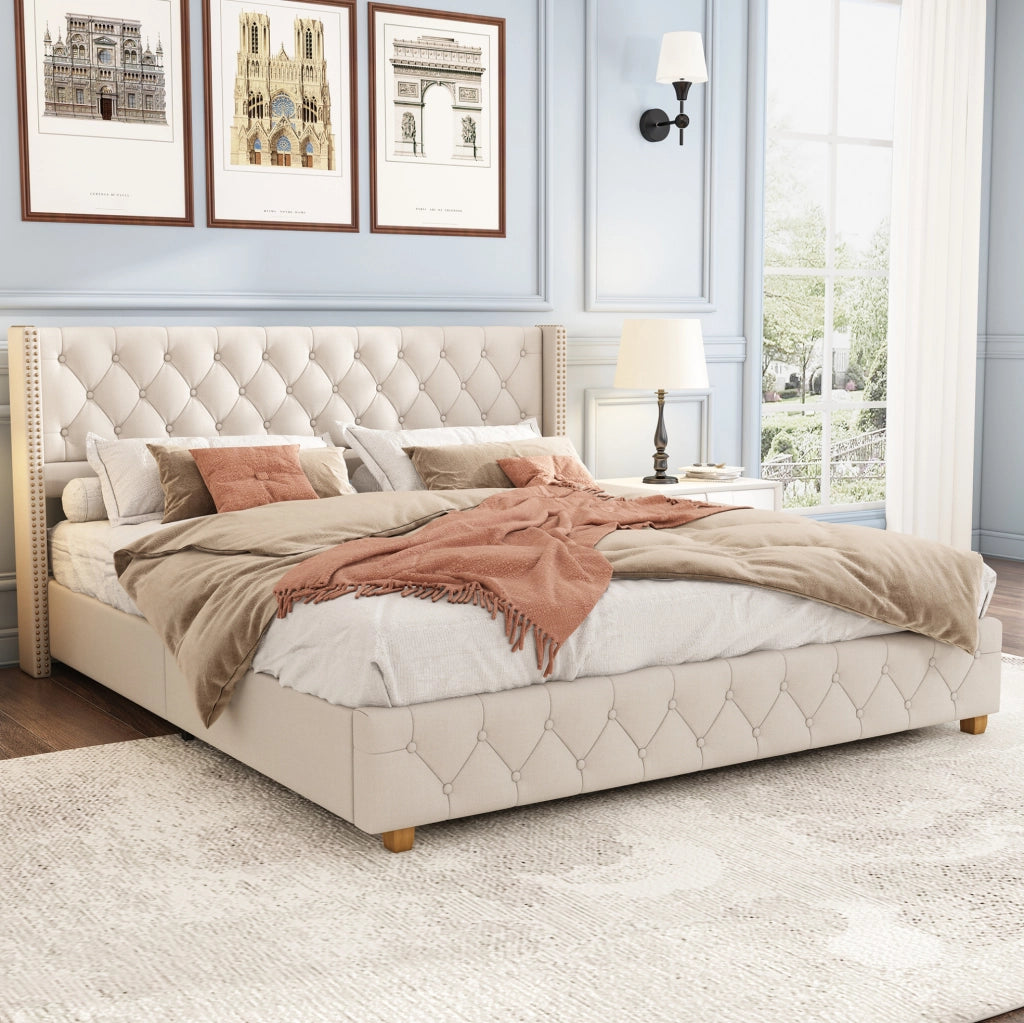 Letto imbottito 140x190 cm capitonn茅 con testiera e pediera in lino beige (Senza materasso)