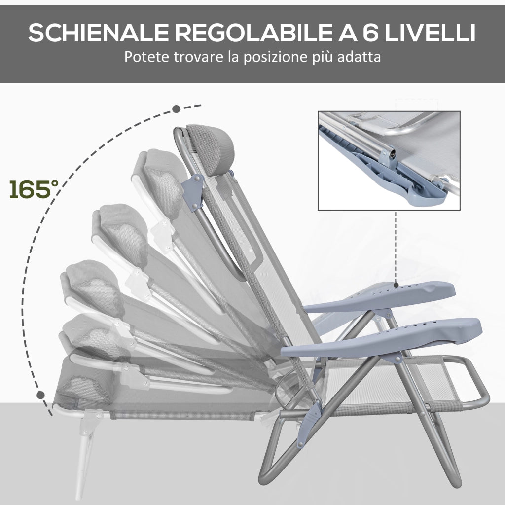 Set 2 Sedie da Campeggio Pieghevoli e Reclinabili su 6 Livelli, in Alluminio e Schiuma, 62x65x80 cm, Grigio Chiaro